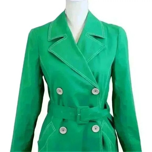 LK Bennett Bright Green Double Breasted Trench Coat Lined w/Navy Dots Size 4 - Picture 5 of 8